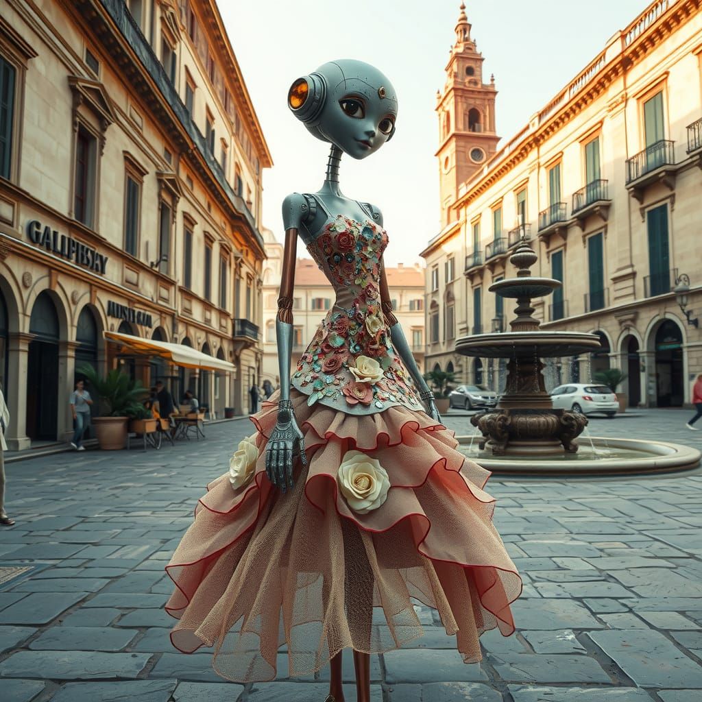 Whimsical Robot in Elegant Floral Dress in a Roman Piazza