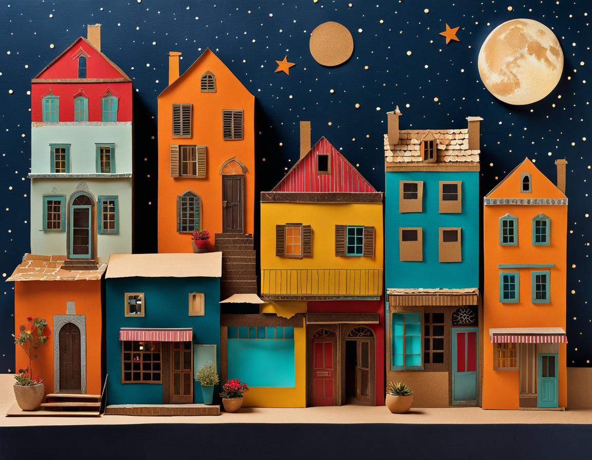 Cardboard Town Collage Under Night Sky