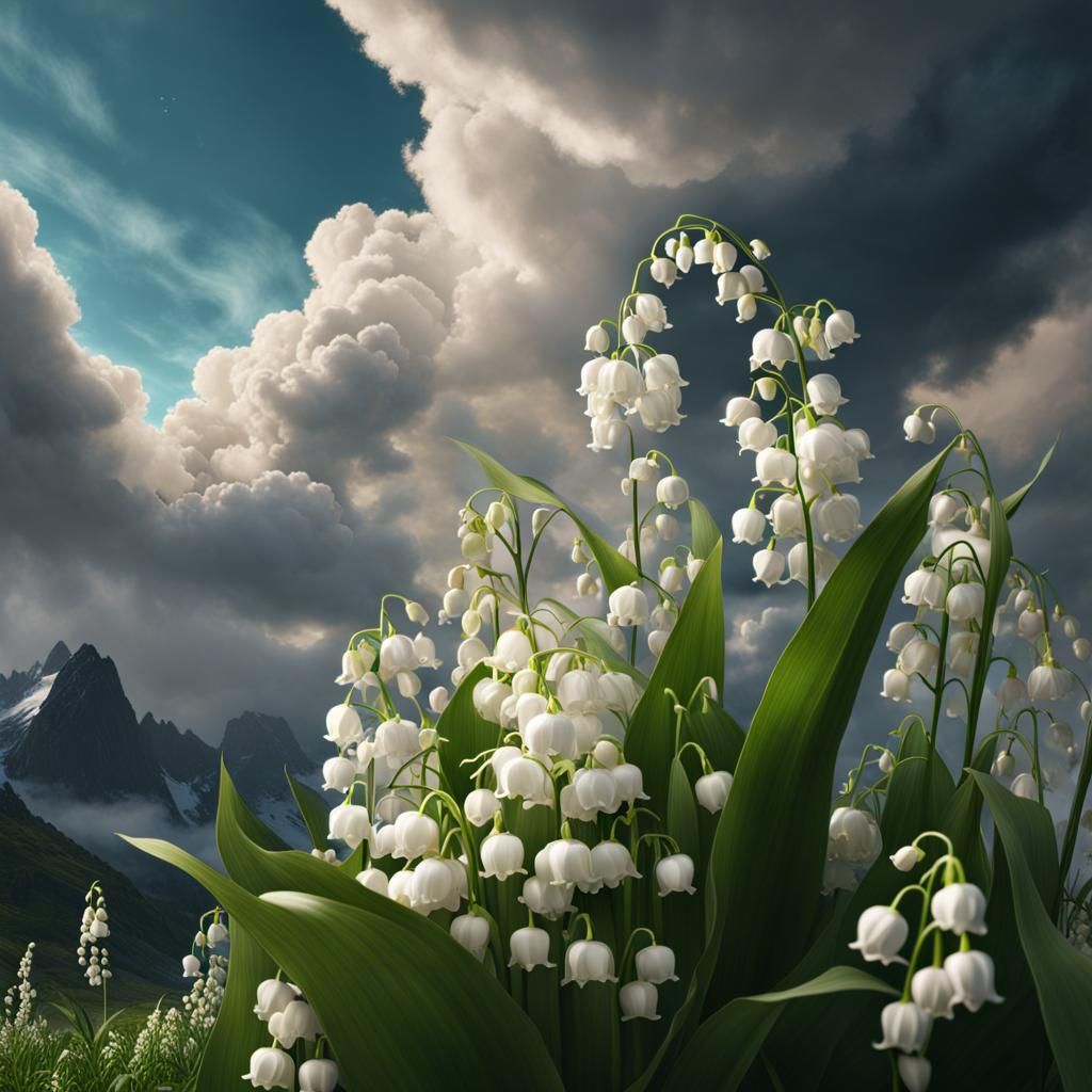 Dramatic Clouds and Lily of the Valley Flowers