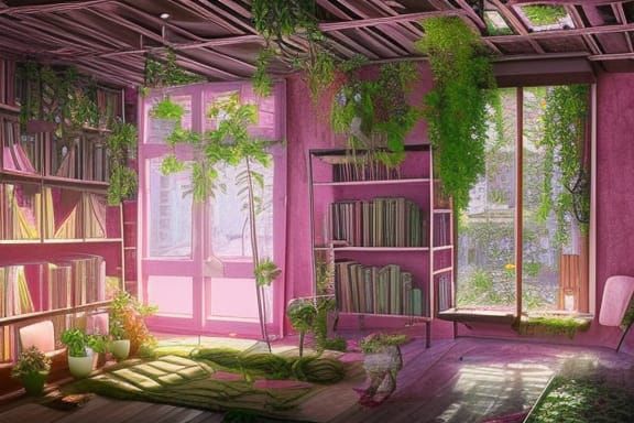 Cozy Solarpunk Library with Hydroponics and Hibiscus