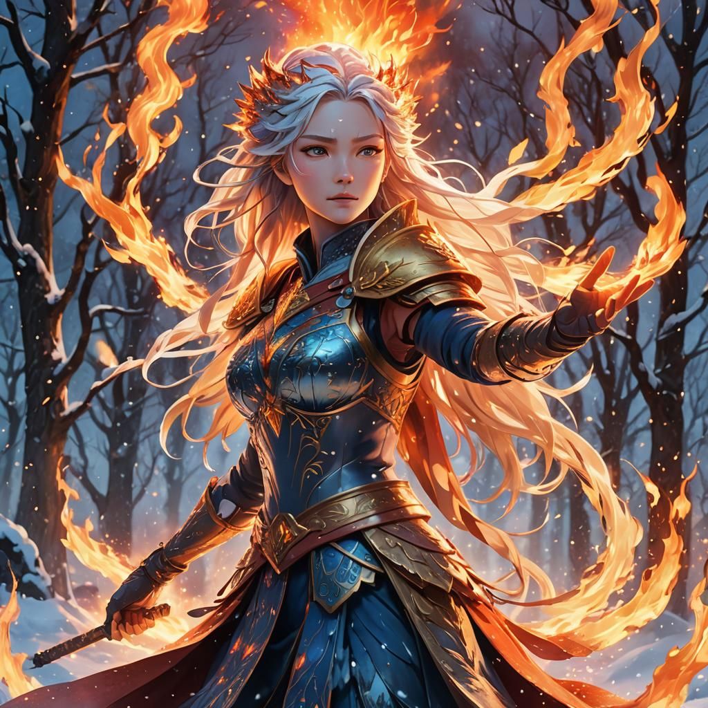 Anime Goddess of Ice and Fire in Flames
