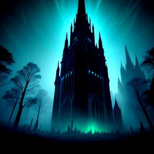 Dark Towers in Autumn Forest: Neon Retro Horror