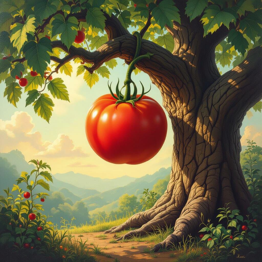 Giant Tomato on Ancient Tree in Surreal Oil Painting Style