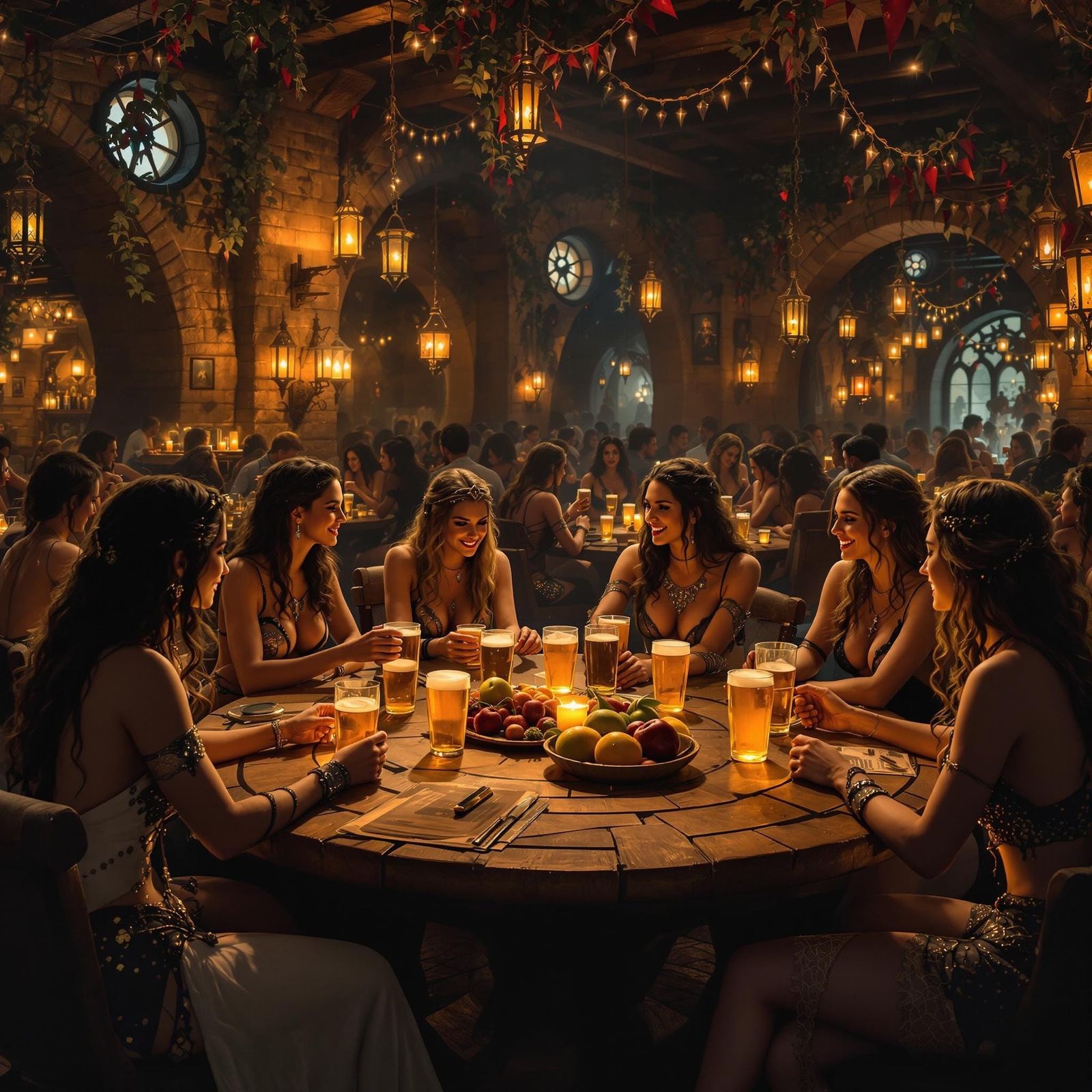 Fantasy Tavern Scene with Exotic Attire and Warm Lighting