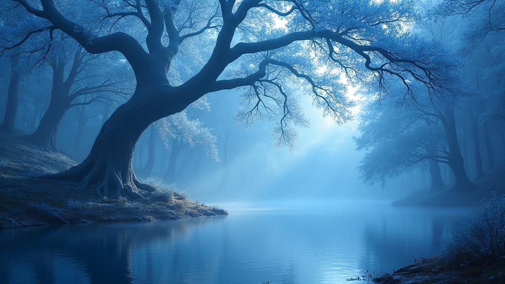 Enchanted White Tree on a Blue Lake Shore