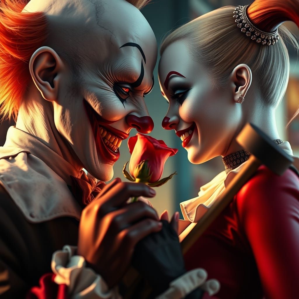 Menacing Clown Locks Gaze with Harley Quinn, Valentine's Day