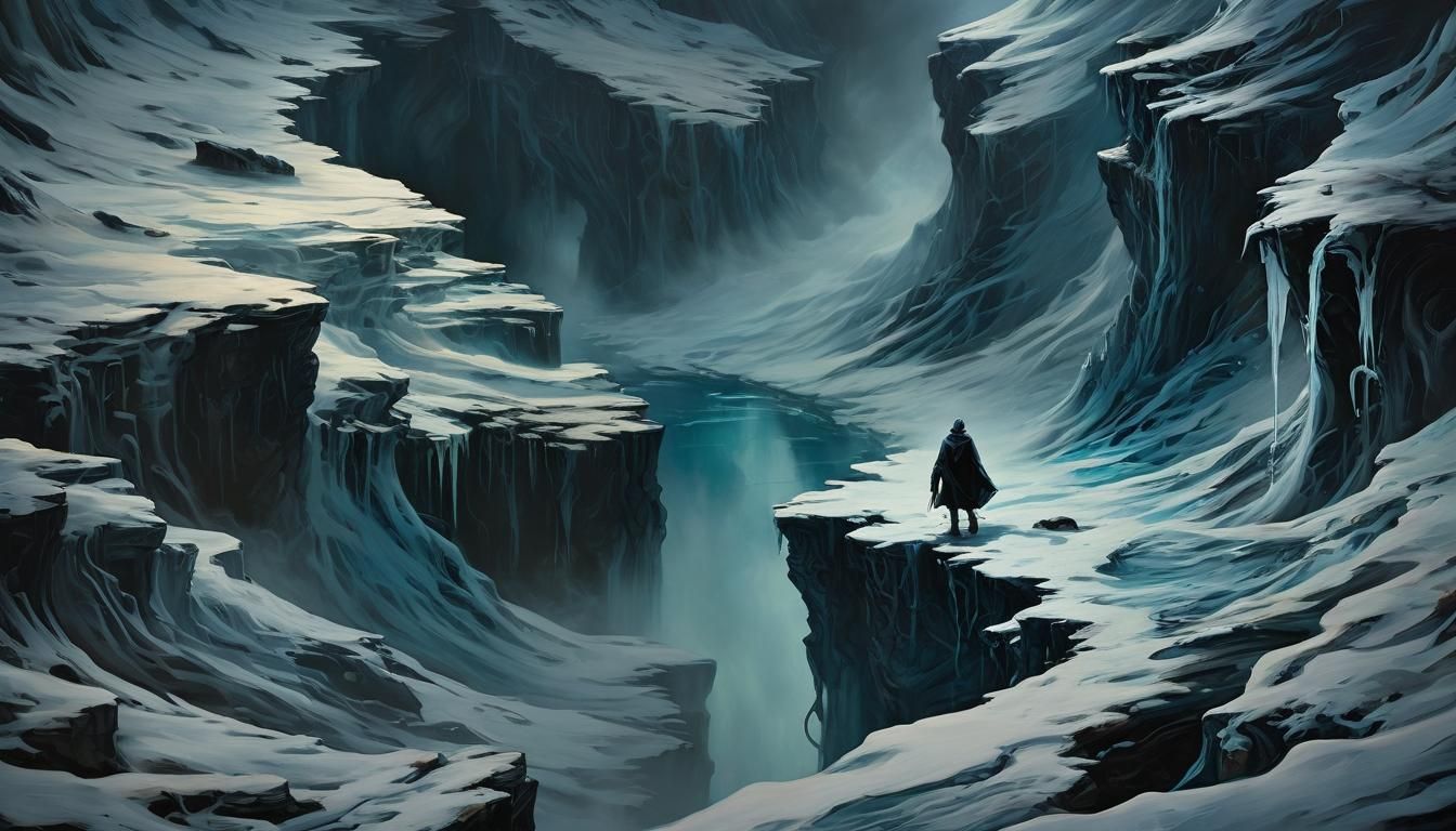 Lone Figure at the Abyss: Surreal Oil Painting