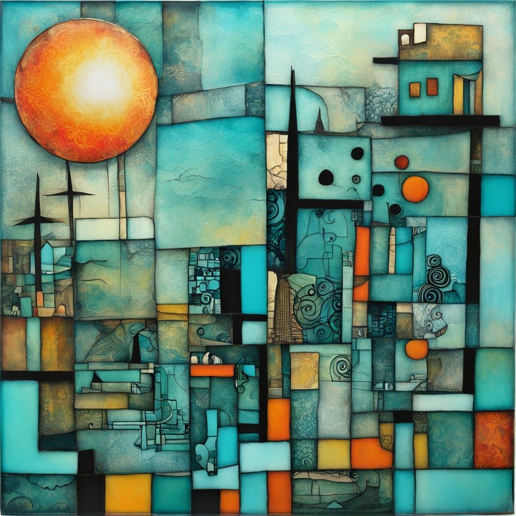 Surreal Cubist Sunset in Duotone Acrylic Wash