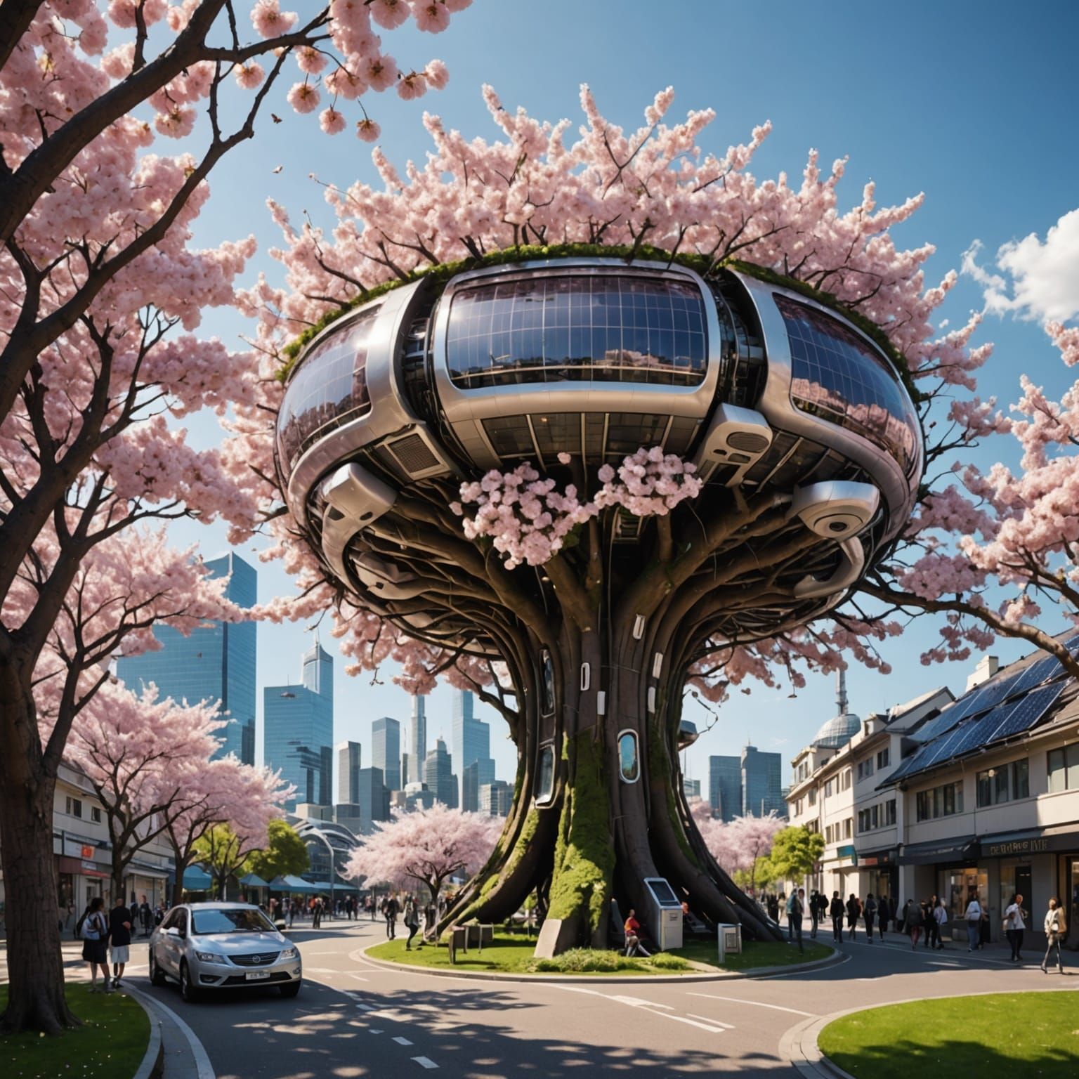 Cherry blossom solarpunk treehouse