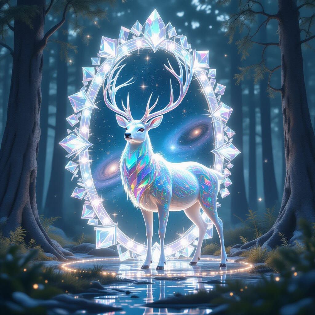 Celestial Deer Guardian of Cosmic Forest Mirror