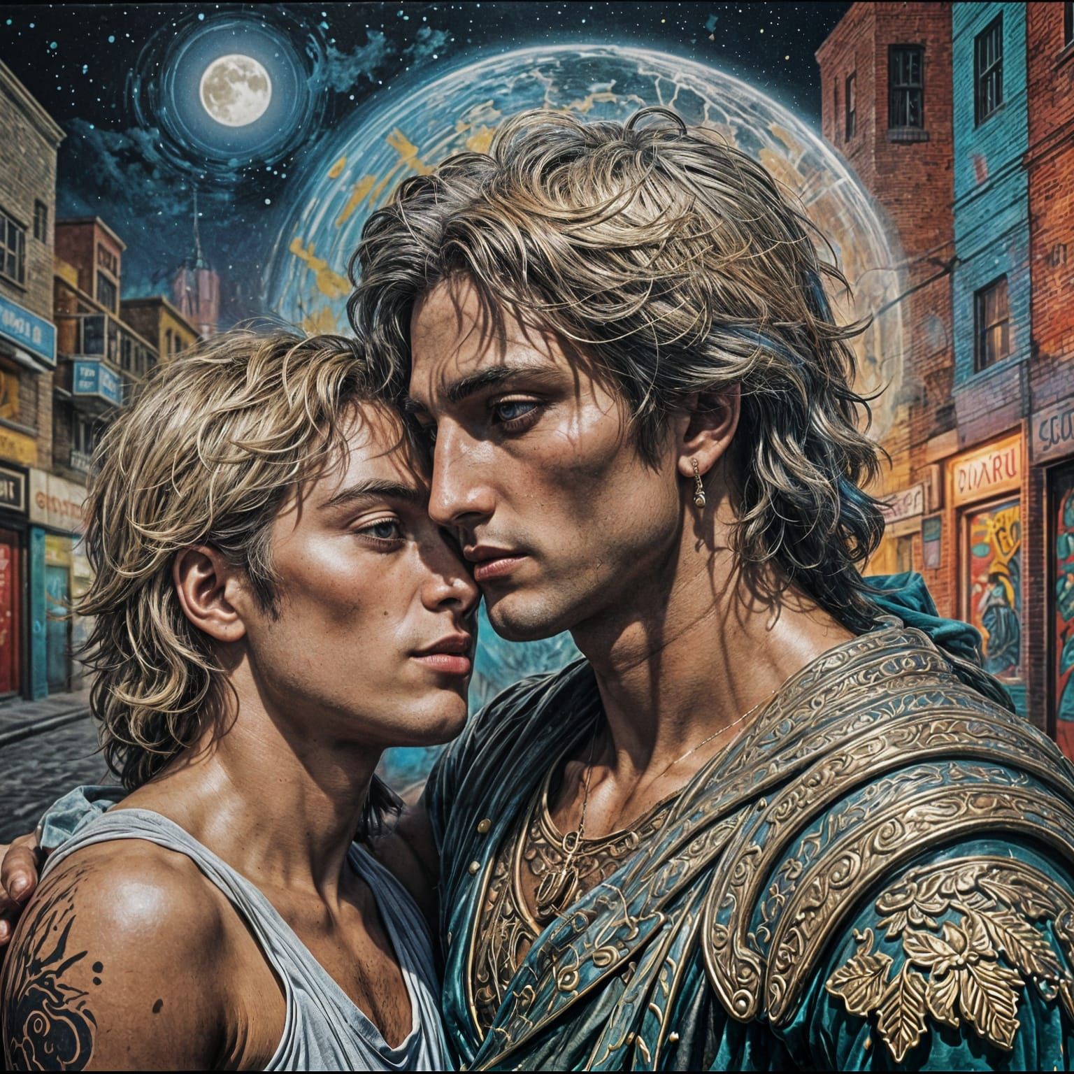 Romantic Moonlight Embrace: Hyperrealistic Graffiti Art