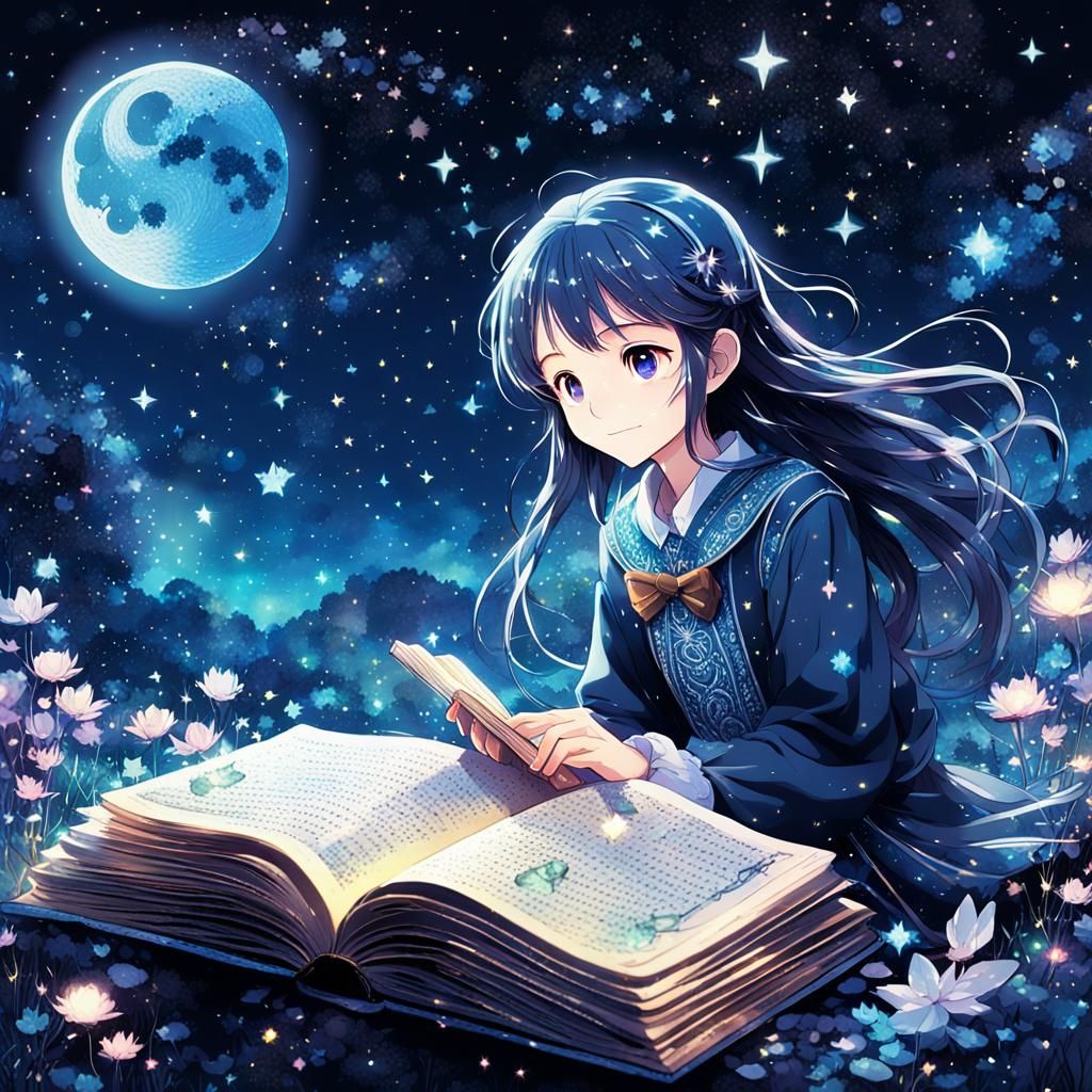 Magical Glittering Book in Moonlit Anime Style