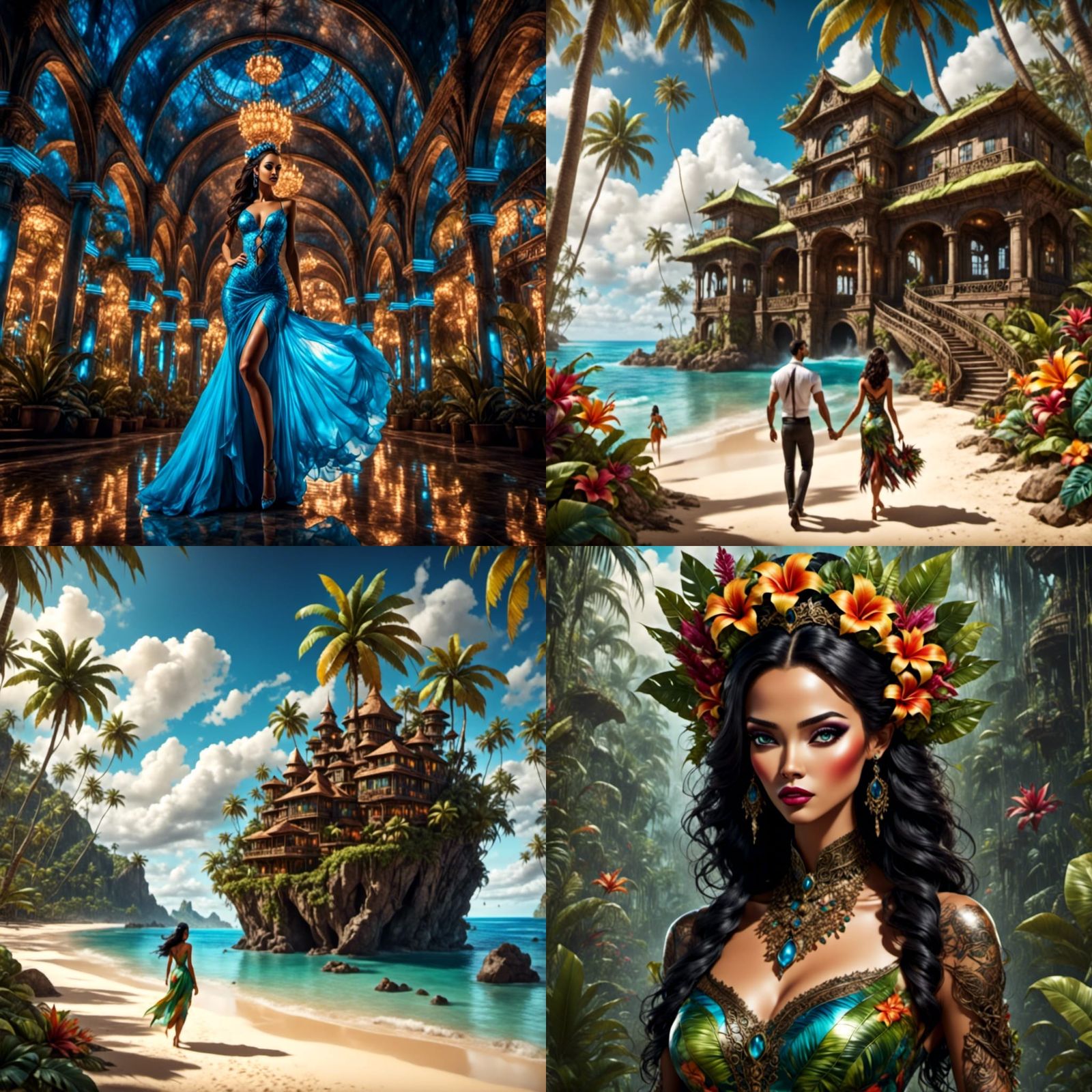 Tropical Cyberpunk Caribbean Beach Scene with Cheerful Coupl...