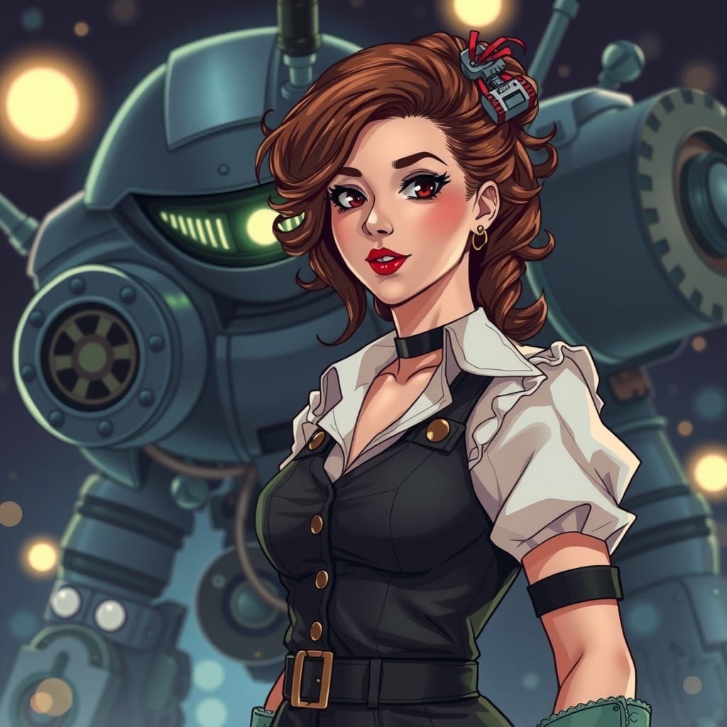 Anime Woman with Dieselpunk Mecha in Dark Bokeh