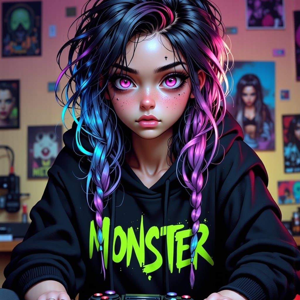 Girl in Neon Gaming Lair with Cosmic Hair