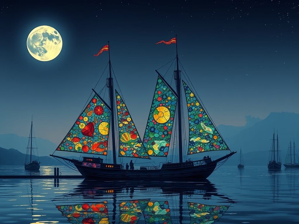 Dreamy Moonlit Harbor with Stained Glass Sails