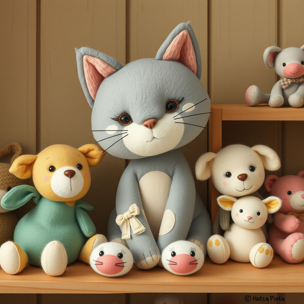 Whimsical Plush Cat on Vintage Shelf