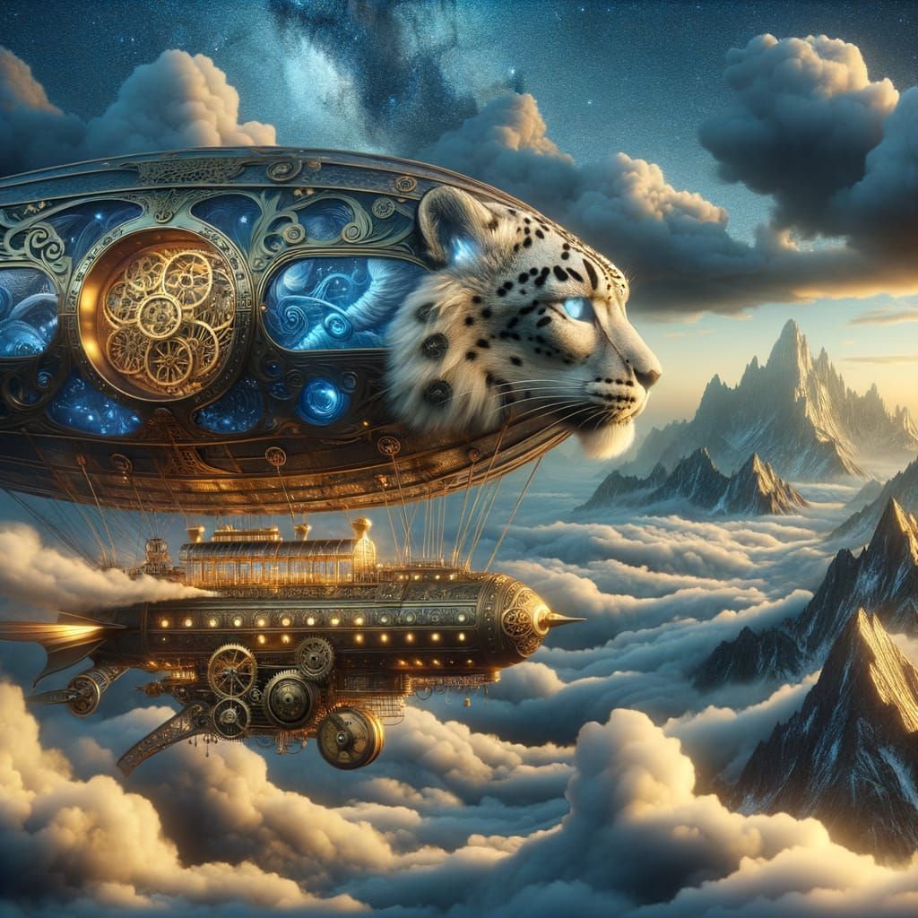 Steampunk Snow Leopard Airship Soars Through Twilight Skies