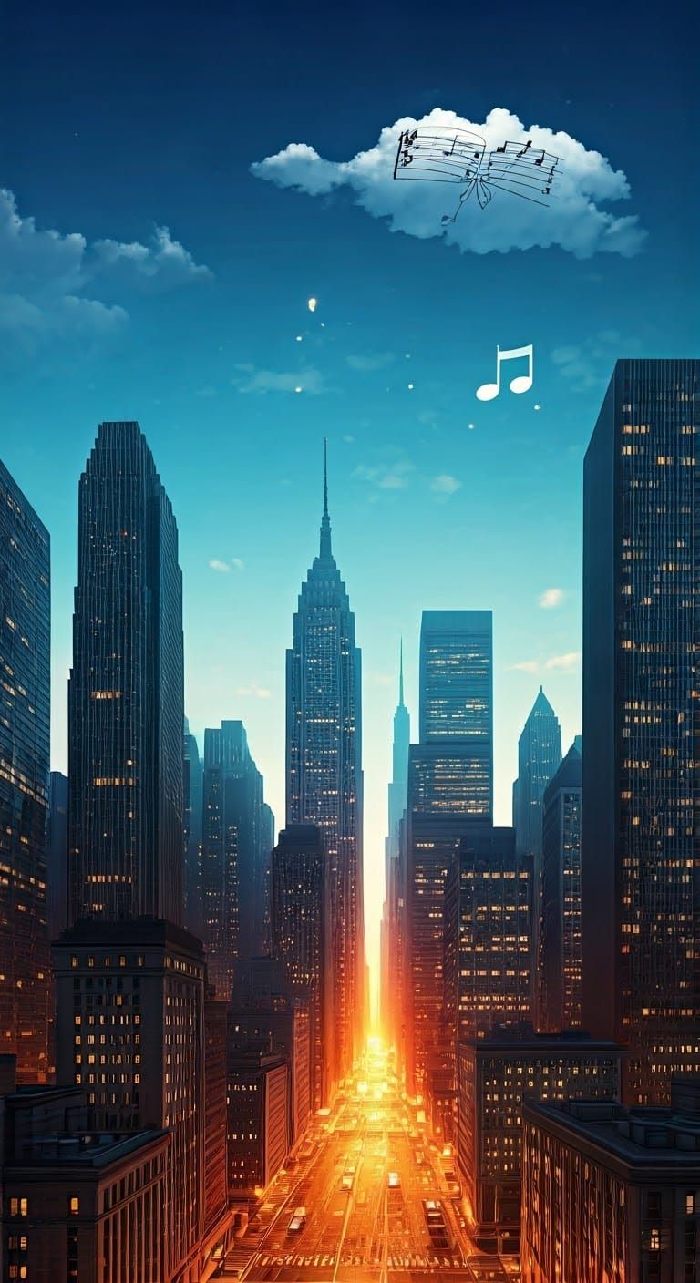 Musical Cityscape with Skyscraper Music Notes