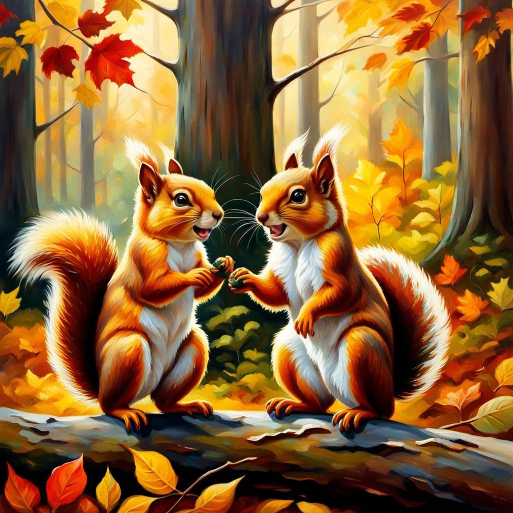 Squirrels Arguing in Autumn Forest Oil Painting