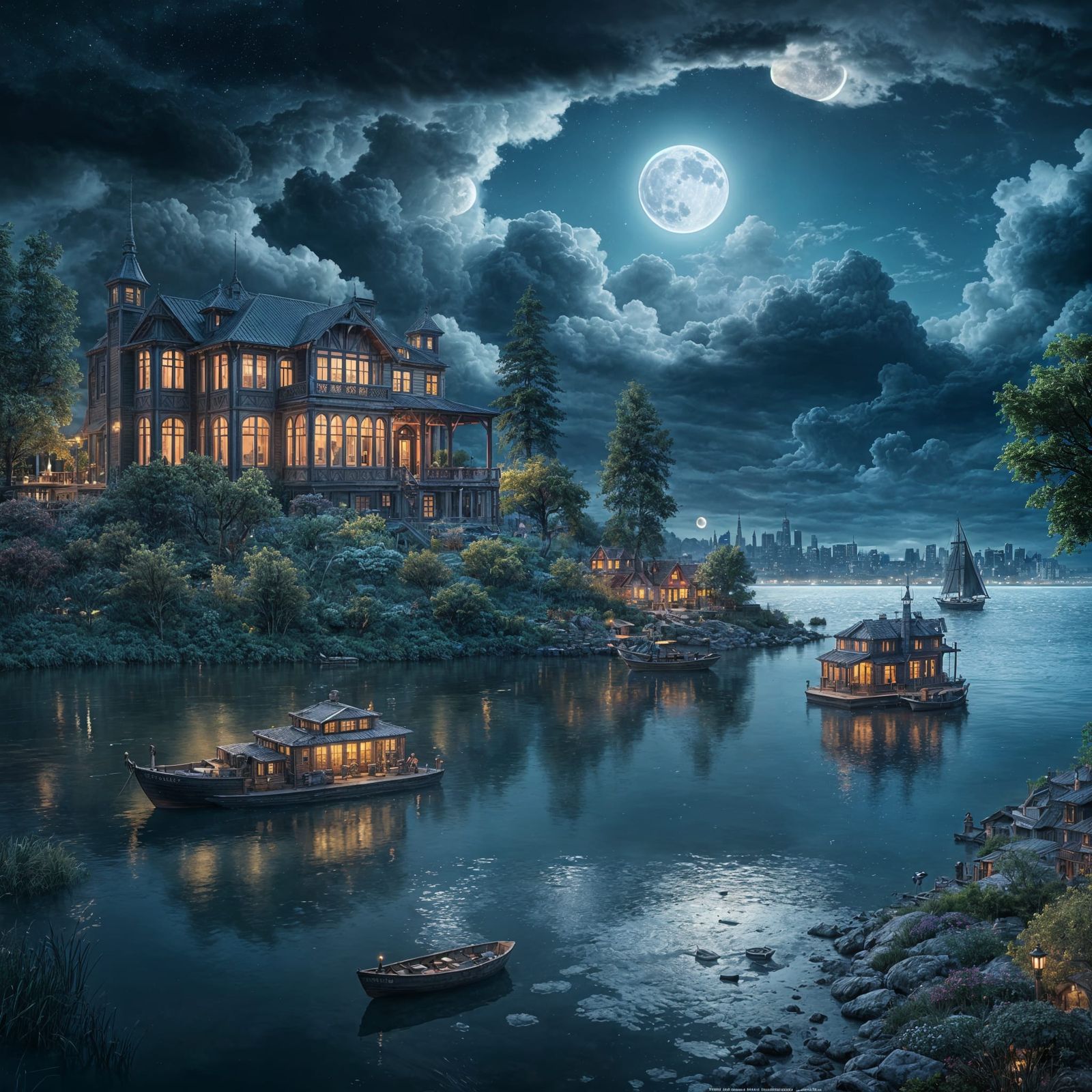 Stormy Lakeside Manor at Night: Fantasy Concept Art