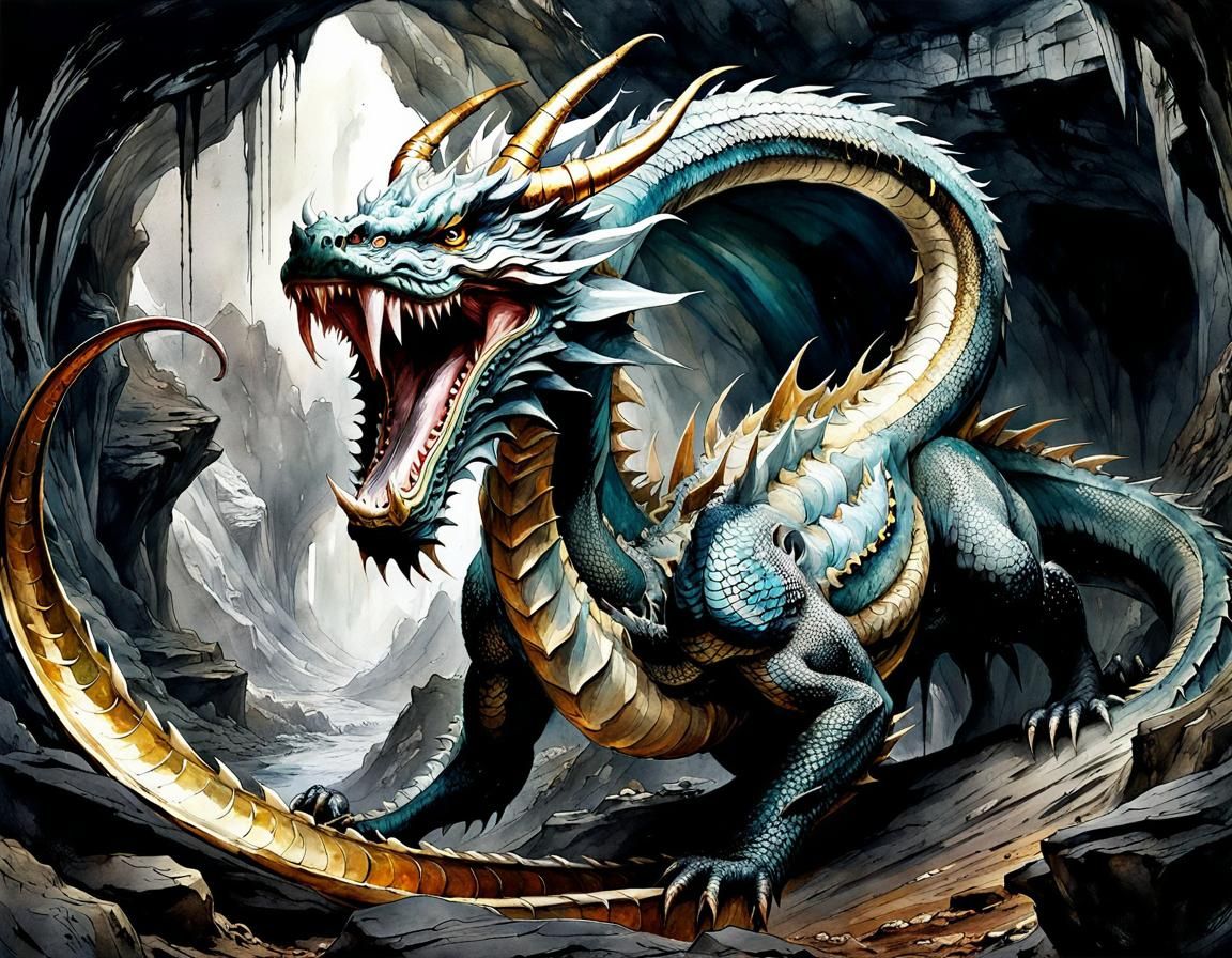 Dragon Hoarding Gold in Underground Cavern: Watercolor Art