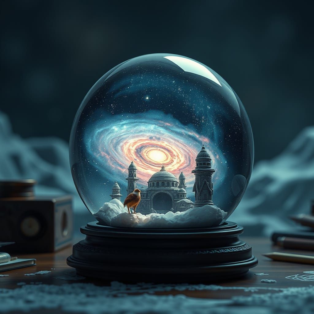 Stunning Galaxy Scene in a Snow Globe on a Desk