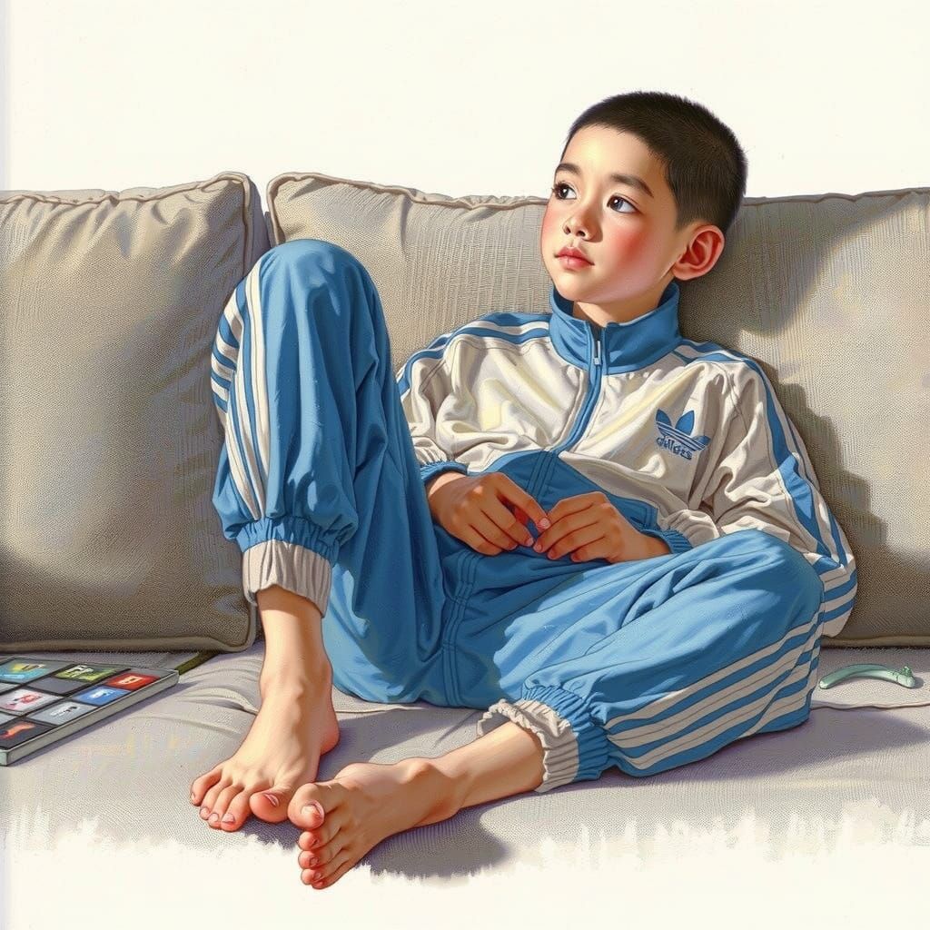 Serene Boy at Sunset on Tranquil Lake