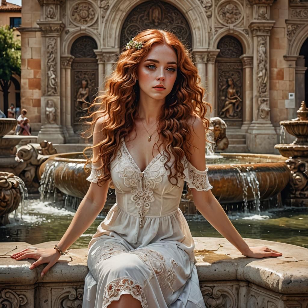 Beautiful Woman with Copper Hair by Spanish Fountain