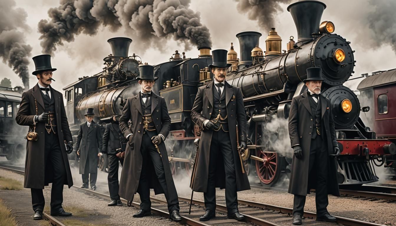 Steampunk Dragon Gentlemen Beside a Steam Train