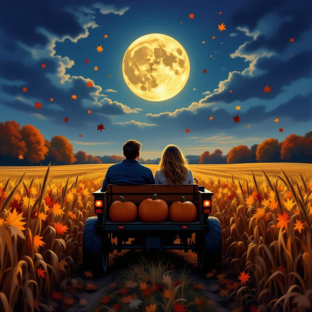 Hayride Under Harvest Moon: A Hyperrealistic Autumn Scene