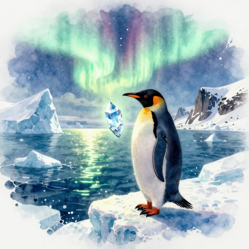 Penguin With Crystal Under Aurora Over Glowing Sea