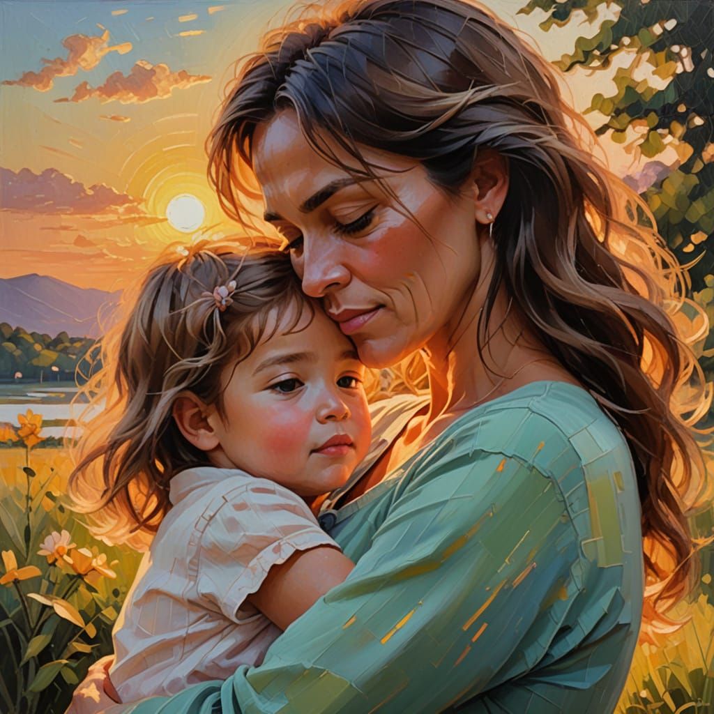 Heartwarming Mother and Child Impressionist Oil Painting