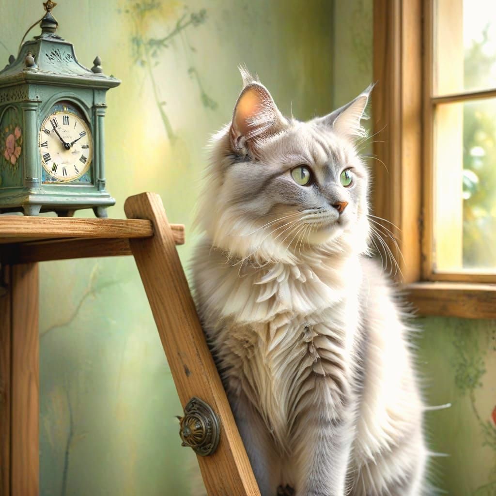 Fluffy Kitten on Ladder Awaiting Cuckoo Clock Bird