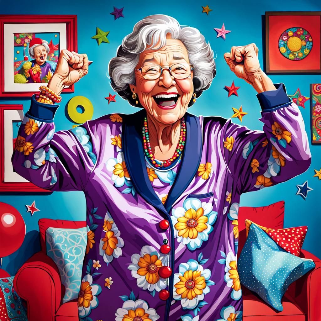 Cartoon of a Grandma laughing and cheering, dancing in her p...