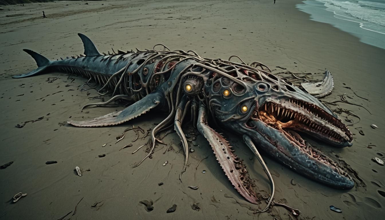 Hyperrealistic Carcass of Insectoid Whale on Beach