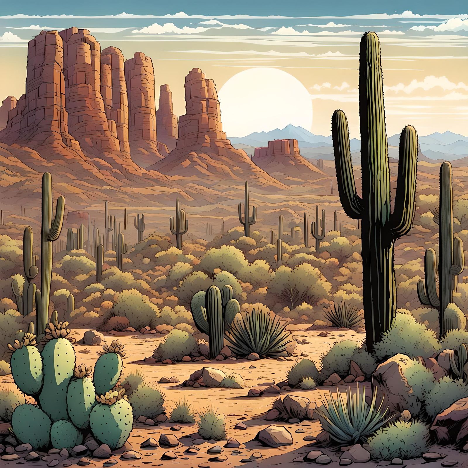 Arizona Desert Scene in Comic Book Art Style