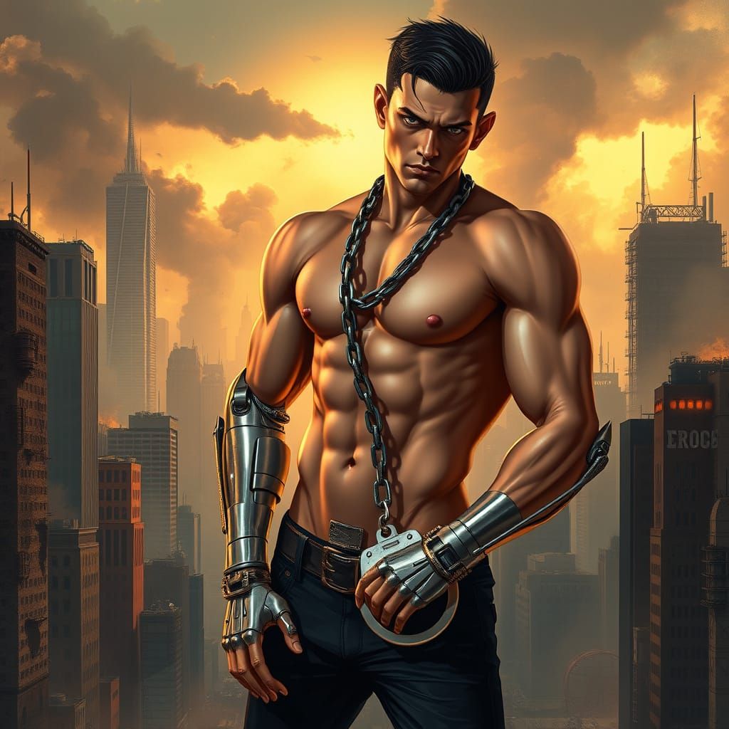 Cyborg Pin-Up: Metallic Muscles in a Dystopian Cityscape