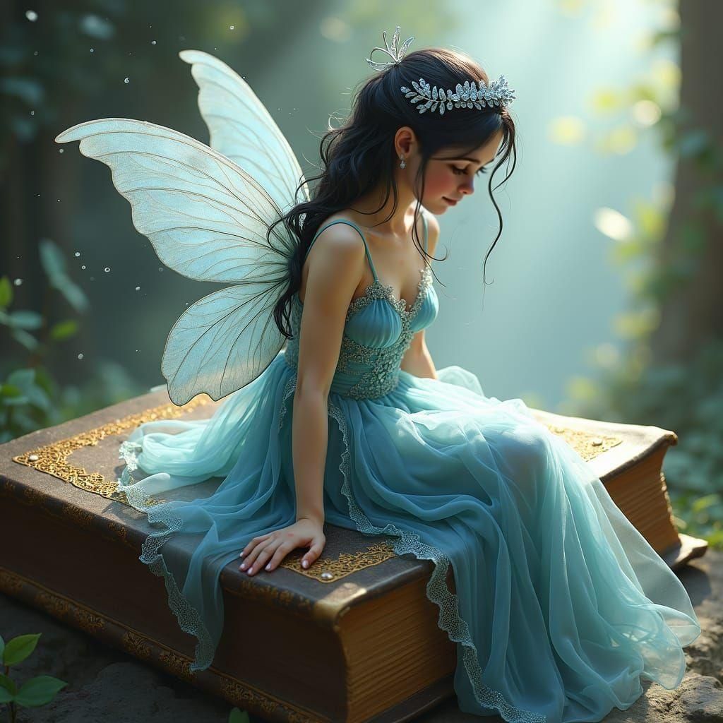 Dark-Haired Fairy on a Book with Pixie Dust