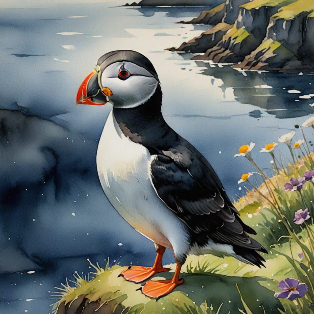 Puffin Close-up: Ethereal Watercolor Impression