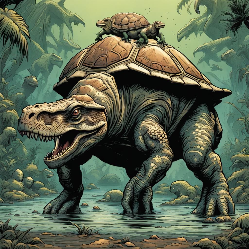 Three-Headed Dinosaur Turtle in Comic Book Art