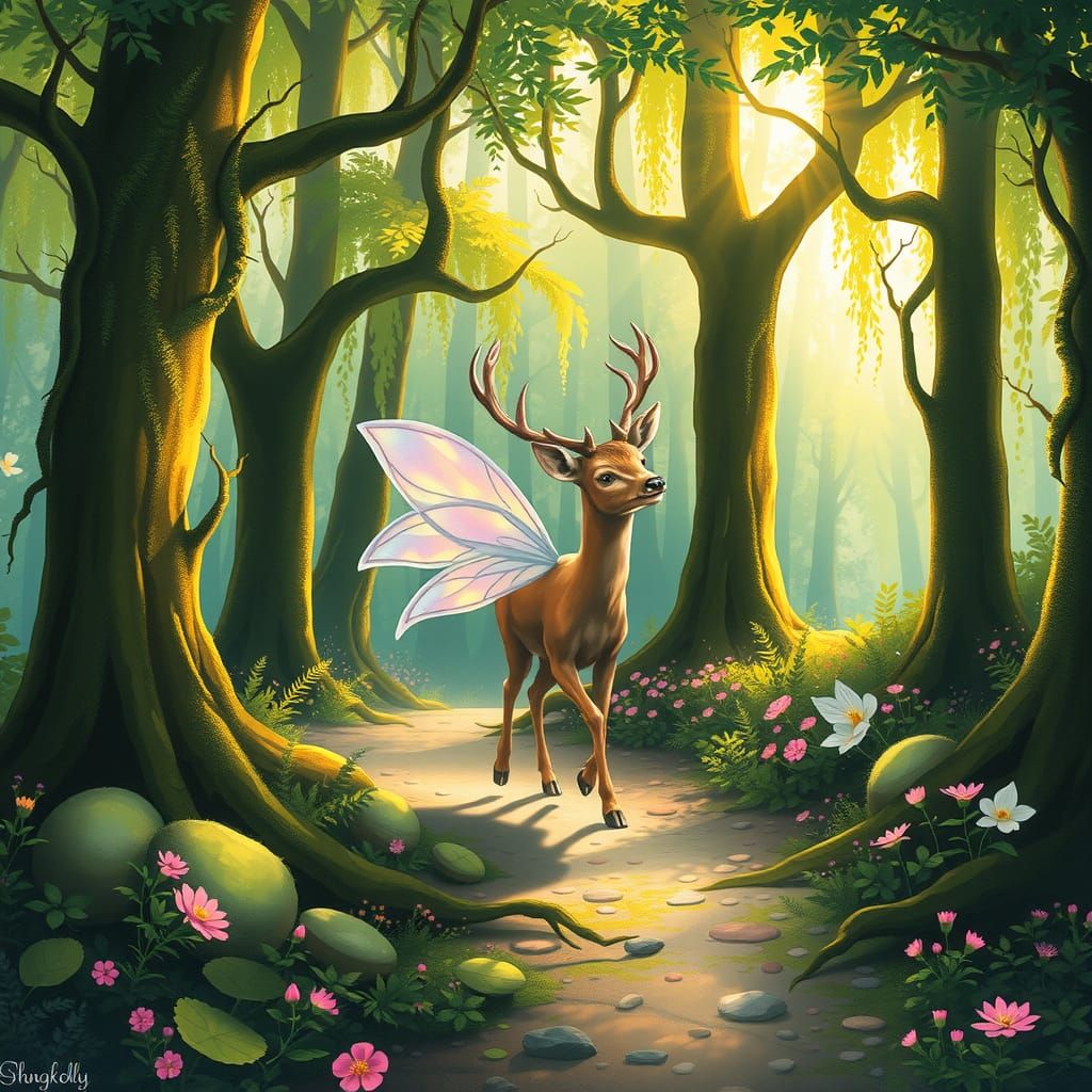 Deer with Fairy Wings in Dreamlike Forest