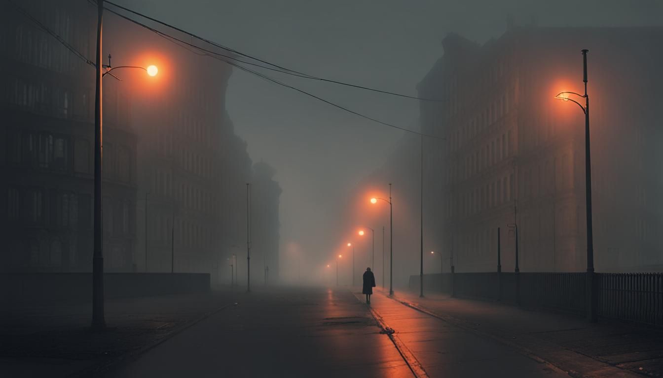 Dystopian East Berlin Night in Fog, 1980s