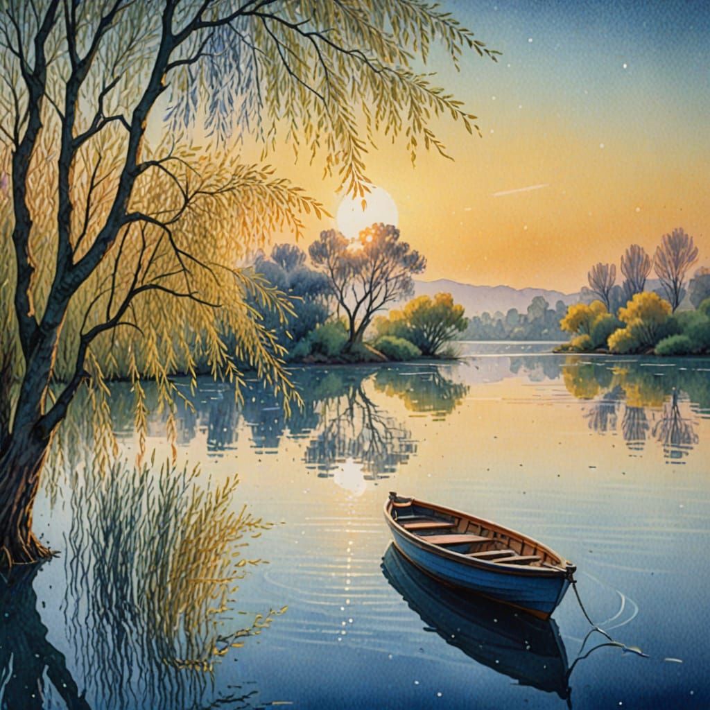 Idyllic Lakeside Boat in Pointillist Watercolor Style
