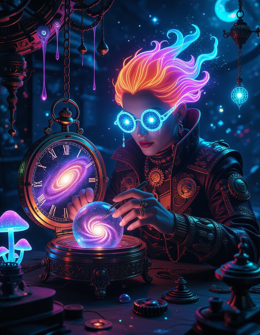 Celestial Clockmaker Crafting Galaxies: Cyberpunk Fantasy