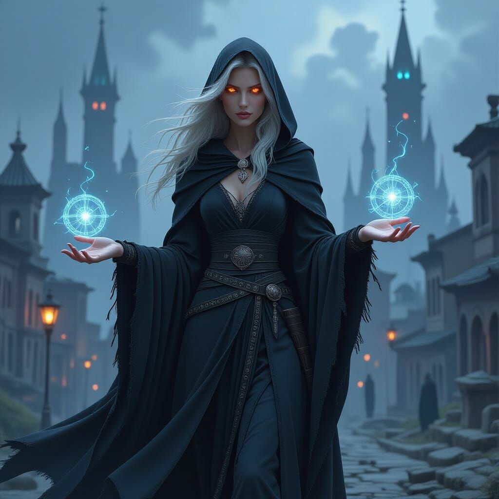 Sorceress in Neo-Tokyo Cityscape, in Simon Stalenhag Style