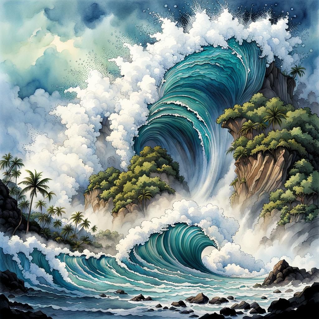 Indonesian Islands Tsunami in Watercolor Style
