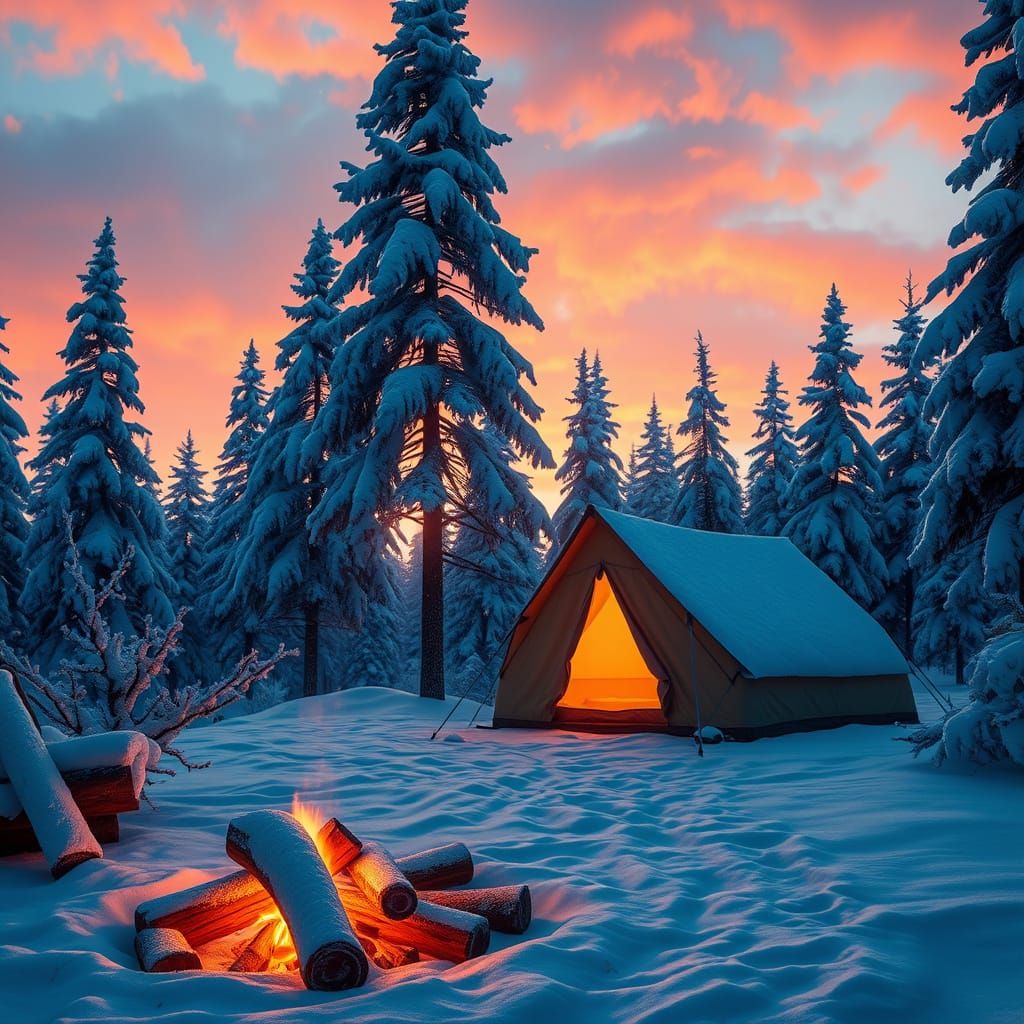 Winter Campsite Amidst Pine Trees in Soft Pink Hues