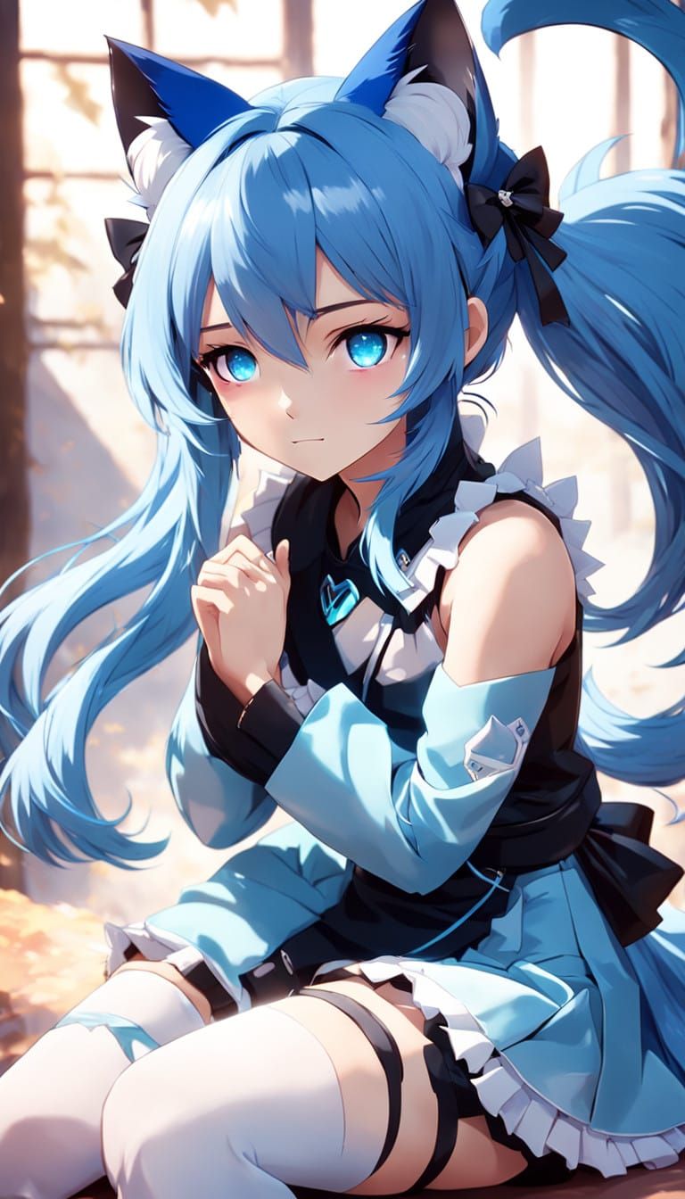 Serene Anime Cat Girl with Vibrant Blue Hair and Bright Blue...