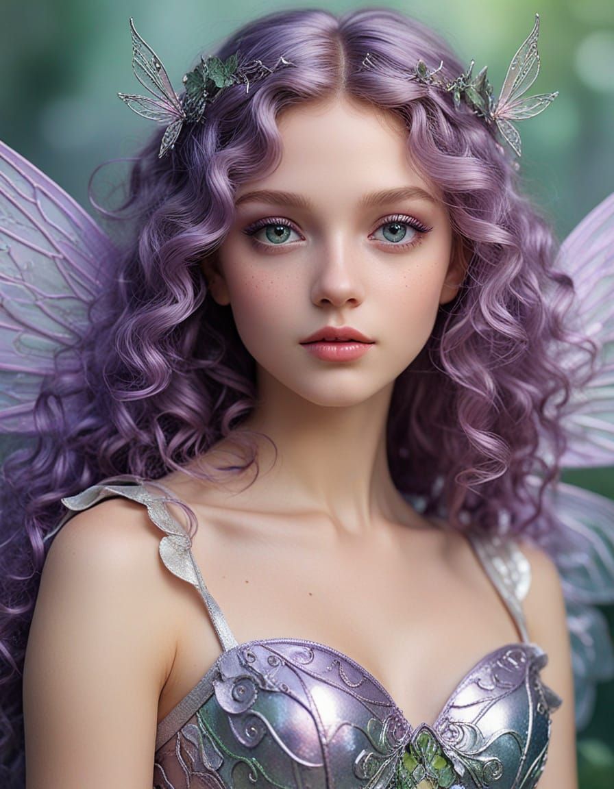 Enchanted Fairy Portrait with Violet Curls in Pastel Colors
